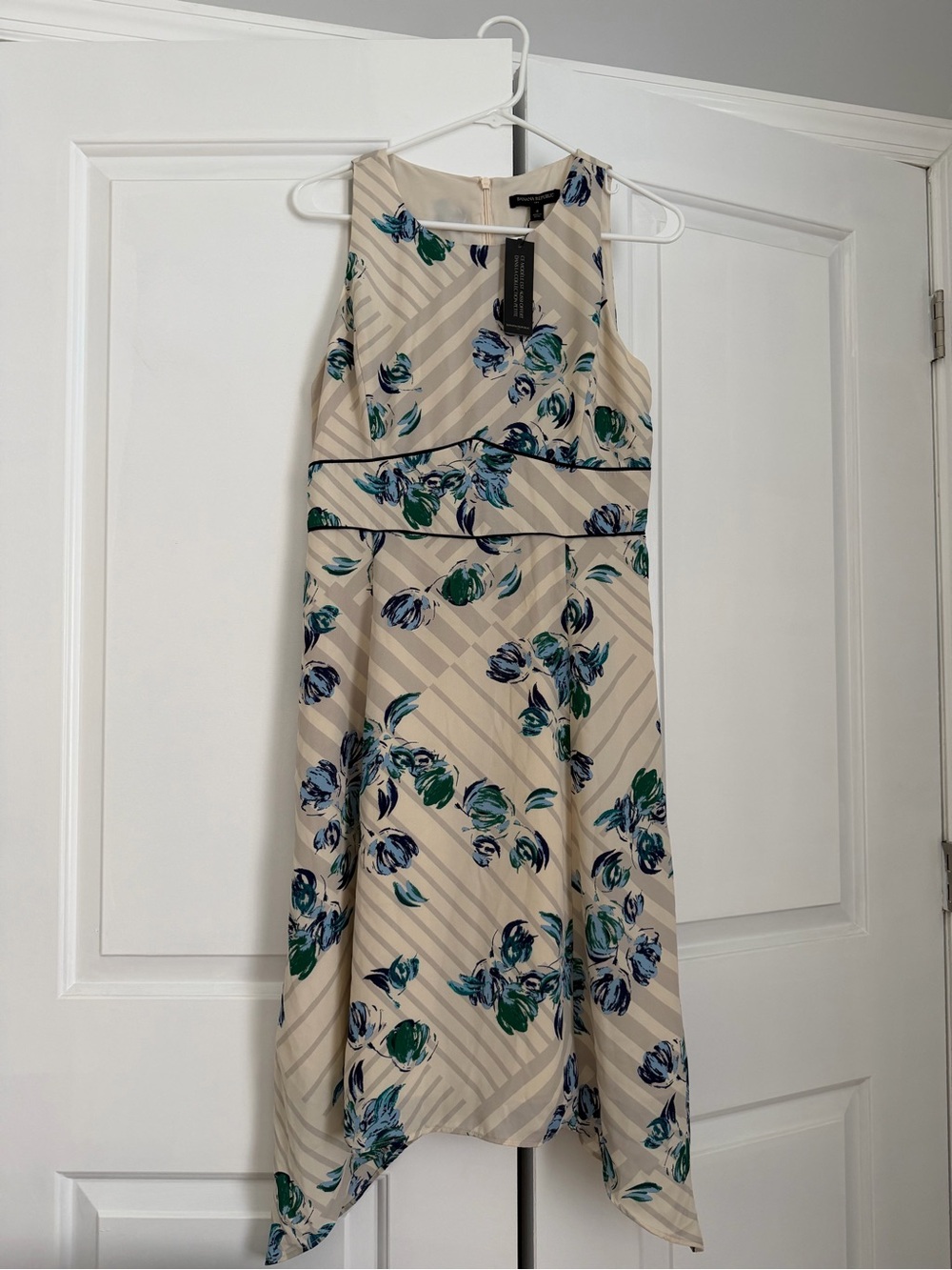 Banana Republic Beige High-Low Dress with Blue & Green Floral Accents